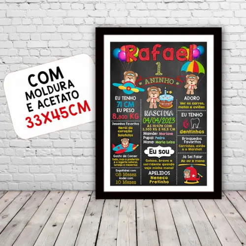 Quadro Poster Chalkboard Aniversário Urso Aviador 30x42cm