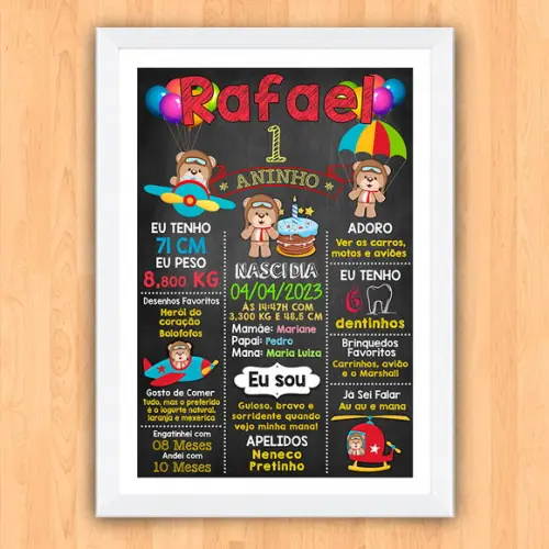 Quadro Poster Chalkboard Aniversário Urso Aviador 30x42cm