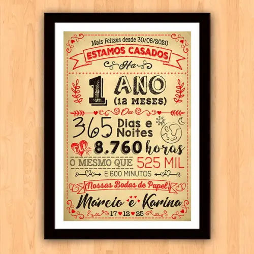 Quadro Poster Chalkboard Bodas 1 Ano Papel A3 30x42cm
