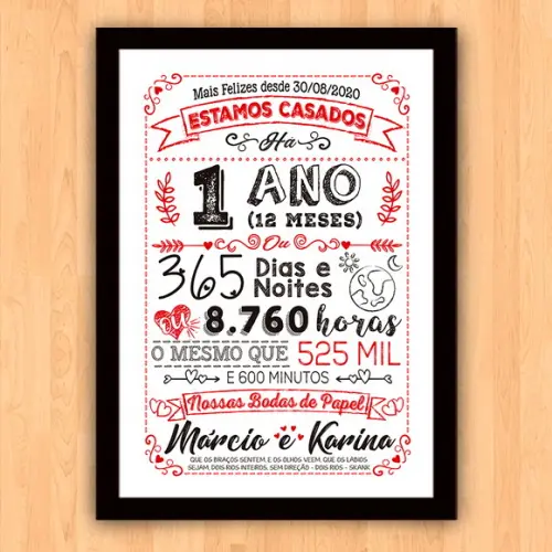 Quadro Poster Chalkboard Bodas 1 Ano Papel A3 30x42cm