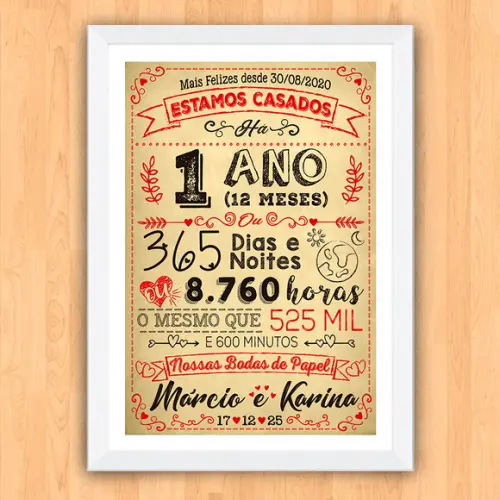 Quadro Poster Chalkboard Bodas 1 Ano Papel A3 30x42cm
