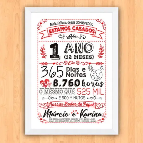 Quadro Poster Chalkboard Bodas 1 Ano Papel A3 30x42cm