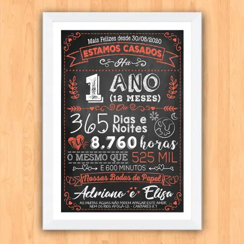 Quadro Poster Chalkboard Bodas 1 Ano Papel A3 30x42cm