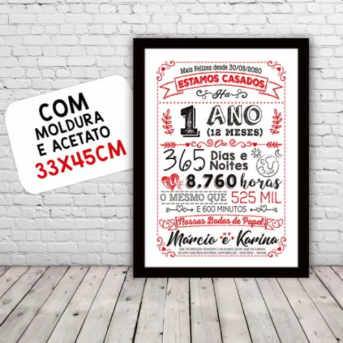 Quadro Poster Chalkboard Bodas 1 Ano Papel A3 30x42cm