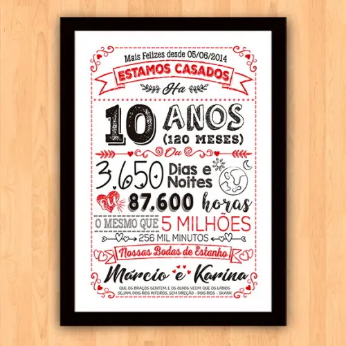 Quadro Poster Chalkboard Bodas 10 Anos Estanho A3 30x42cm