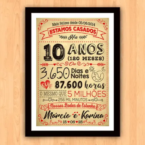 Quadro Poster Chalkboard Bodas 10 Anos Estanho A3 30x42cm