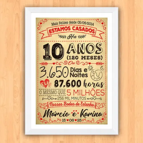 Quadro Poster Chalkboard Bodas 10 Anos Estanho A3 30x42cm