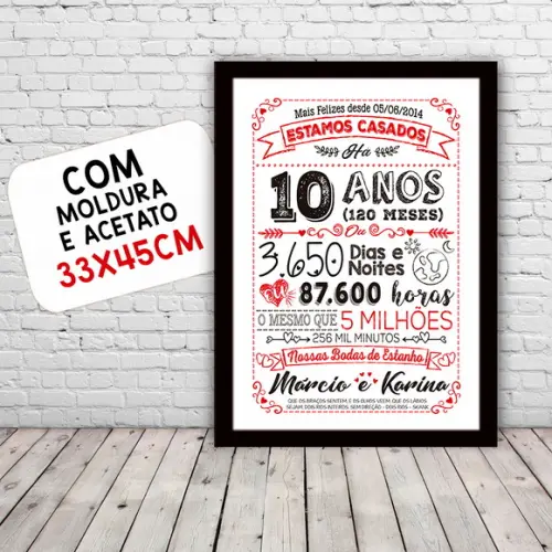 Quadro Poster Chalkboard Bodas 10 Anos Estanho A3 30x42cm