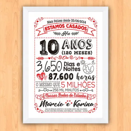 Quadro Poster Chalkboard Bodas 10 Anos Estanho A3 30x42cm