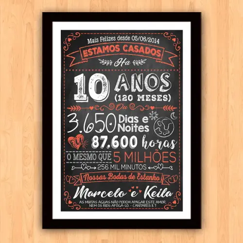 Quadro Poster Chalkboard Bodas 10 Anos Estanho A3 30x42cm