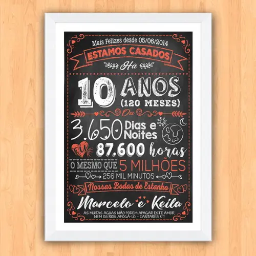 Quadro Poster Chalkboard Bodas 10 Anos Estanho A3 30x42cm