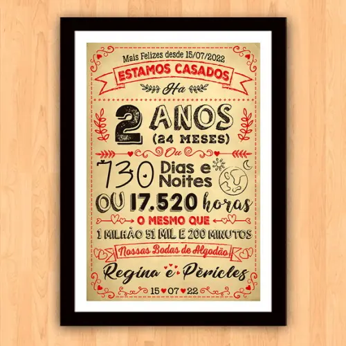 Quadro Poster Chalkboard Bodas 2 Anos Algodão A3 30x42cm