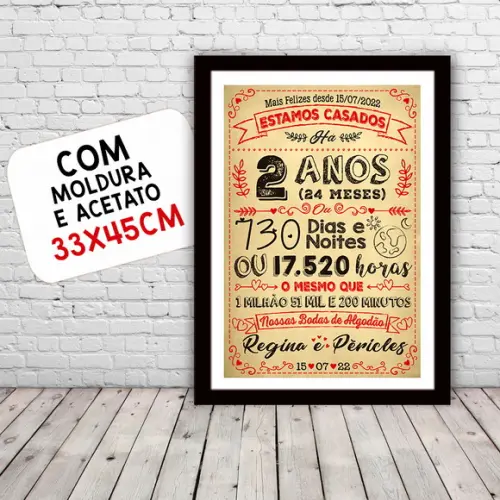 Quadro Poster Chalkboard Bodas 2 Anos Algodão A3 30x42cm