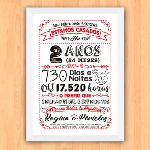 Quadro Poster Chalkboard Bodas 2 Anos Algodão A3 30x42cm
