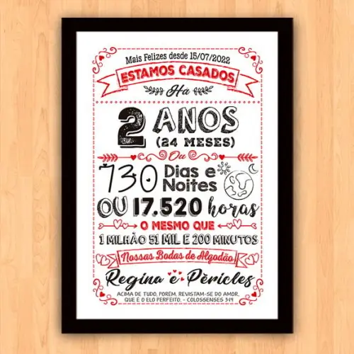 Quadro Poster Chalkboard Bodas 2 Anos Algodão A3 30x42cm