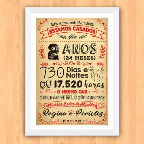 Quadro Poster Chalkboard Bodas 2 Anos Algodão A3 30x42cm