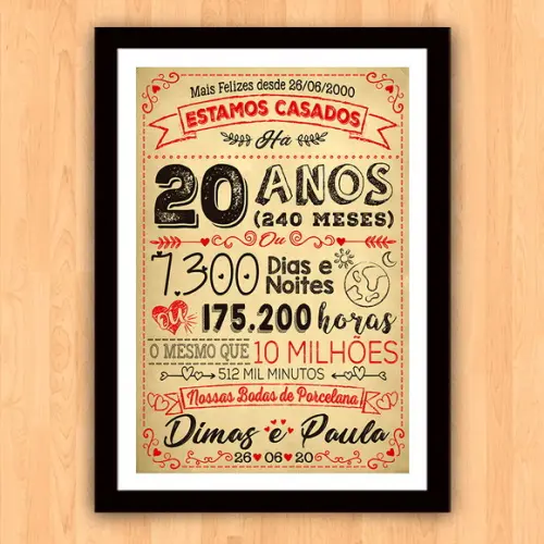Quadro Poster Chalkboard Bodas 20 Anos Porcelana A3 30x42cm