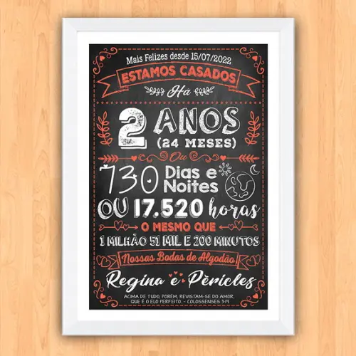 Quadro Poster Chalkboard Bodas 2 Anos Algodão A3 30x42cm