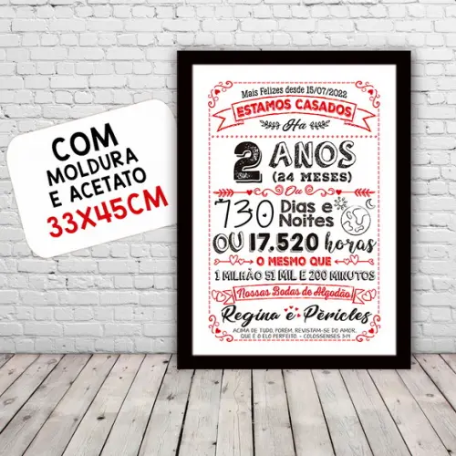 Quadro Poster Chalkboard Bodas 2 Anos Algodão A3 30x42cm