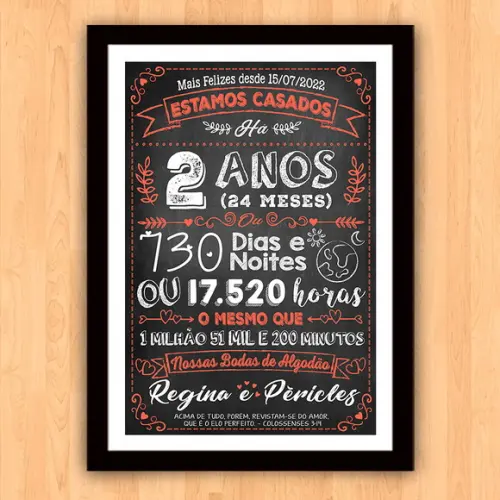 Quadro Poster Chalkboard Bodas 2 Anos Algodão A3 30x42cm
