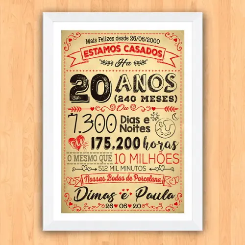 Quadro Poster Chalkboard Bodas 20 Anos Porcelana A3 30x42cm
