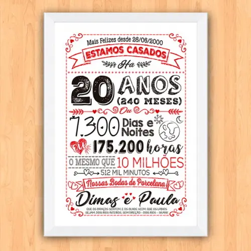 Quadro Poster Chalkboard Bodas 20 Anos Porcelana A3 30x42cm