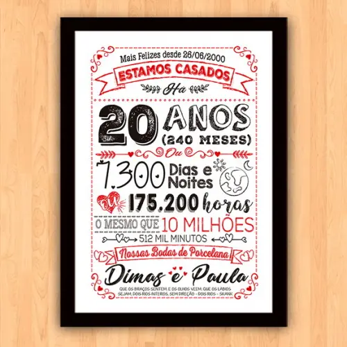Quadro Poster Chalkboard Bodas 20 Anos Porcelana A3 30x42cm