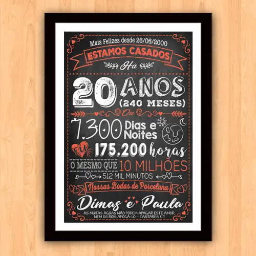 Quadro Poster Chalkboard Bodas 20 Anos Porcelana A3 30x42cm