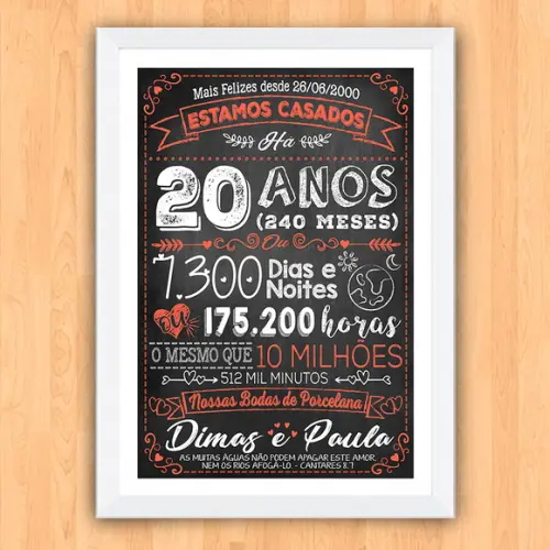 Quadro Poster Chalkboard Bodas 20 Anos Porcelana A3 30x42cm