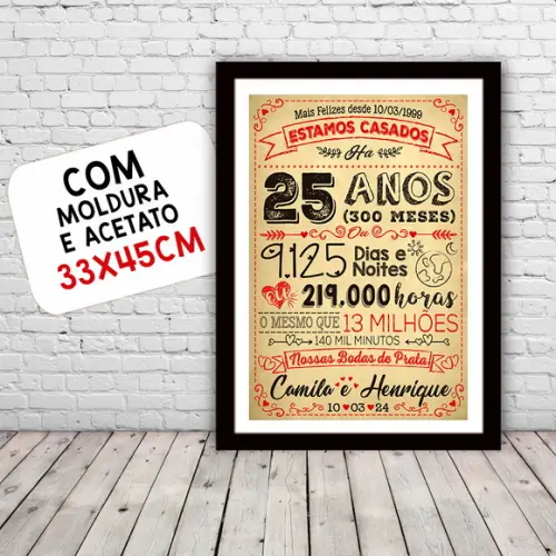 Quadro Poster Chalkboard Bodas 25 Anos Prata A3 30x42cm
