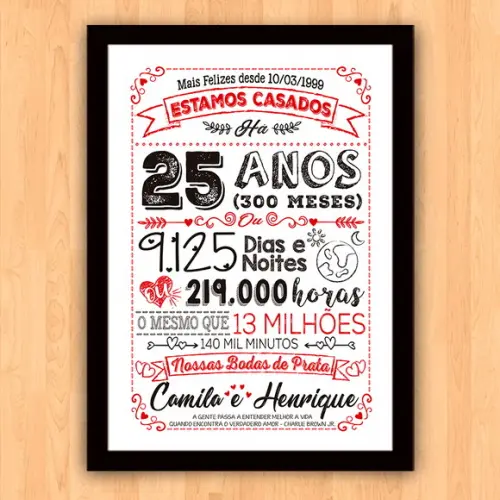 Quadro Poster Chalkboard Bodas 25 Anos Prata A3 30x42cm