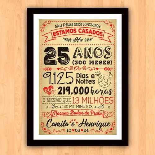 Quadro Poster Chalkboard Bodas 25 Anos Prata A3 30x42cm