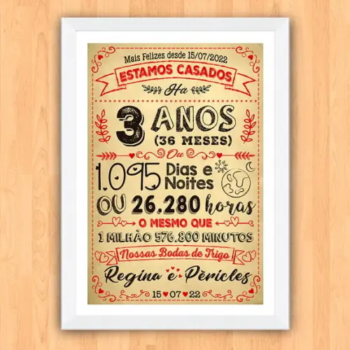 Quadro Poster Chalkboard Bodas 3 Anos Trigo A3 30x42cm