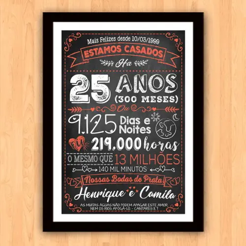 Quadro Poster Chalkboard Bodas 25 Anos Prata A3 30x42cm