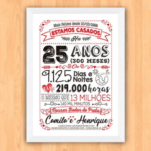 Quadro Poster Chalkboard Bodas 25 Anos Prata A3 30x42cm