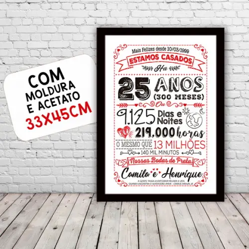 Quadro Poster Chalkboard Bodas 25 Anos Prata A3 30x42cm