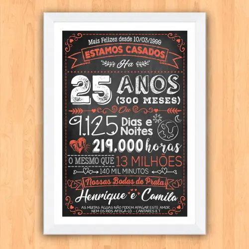 Quadro Poster Chalkboard Bodas 25 Anos Prata A3 30x42cm