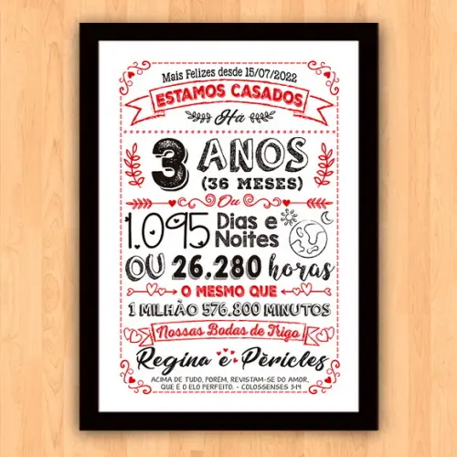 Quadro Poster Chalkboard Bodas 3 Anos Trigo A3 30x42cm