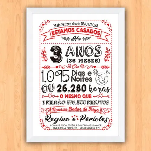 Quadro Poster Chalkboard Bodas 3 Anos Trigo A3 30x42cm