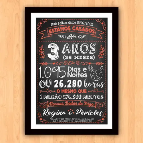 Quadro Poster Chalkboard Bodas 3 Anos Trigo A3 30x42cm
