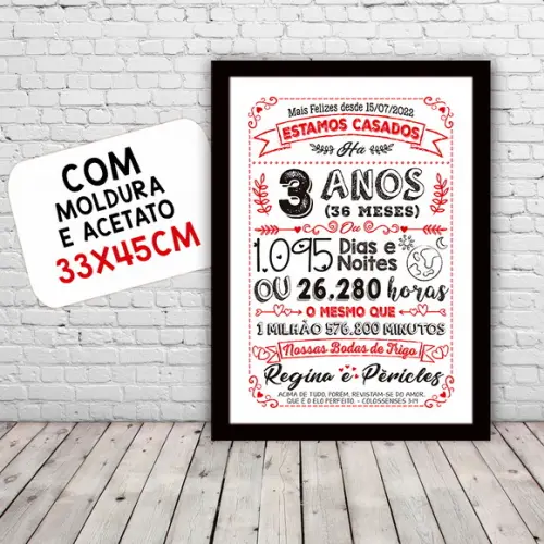 Quadro Poster Chalkboard Bodas 3 Anos Trigo A3 30x42cm