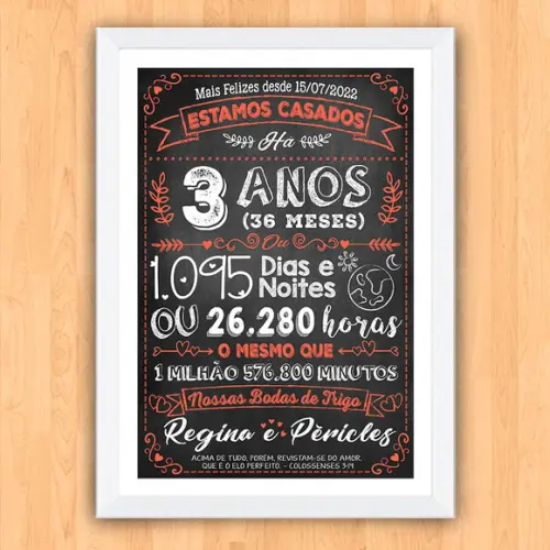 Quadro Poster Chalkboard Bodas 3 Anos Trigo A3 30x42cm