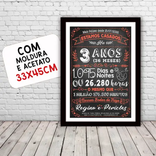 Quadro Poster Chalkboard Bodas 3 Anos Trigo A3 30x42cm