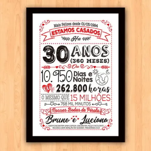 Quadro Poster Chalkboard Bodas 30 Anos Pérola A3 30x42cm