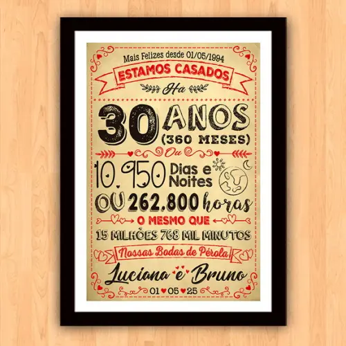 Quadro Poster Chalkboard Bodas 30 Anos Pérola A3 30x42cm