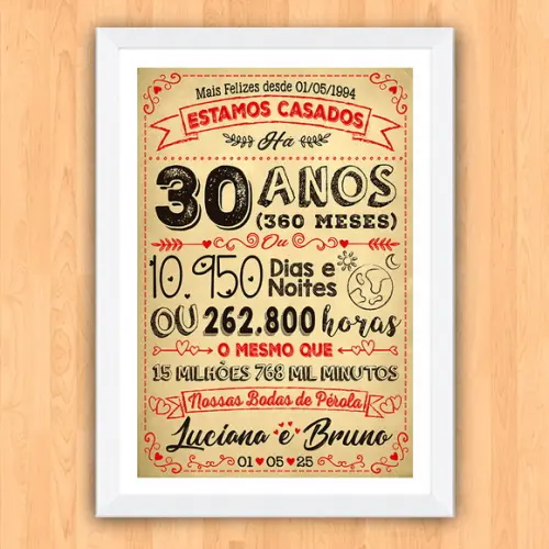 Quadro Poster Chalkboard Bodas 30 Anos Pérola A3 30x42cm