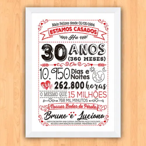 Quadro Poster Chalkboard Bodas 30 Anos Pérola A3 30x42cm