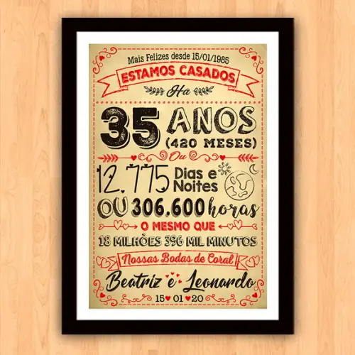 Quadro Poster Chalkboard Bodas 35 Anos Coral A3 30x42cm
