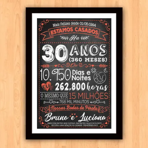 Quadro Poster Chalkboard Bodas 30 Anos Pérola A3 30x42cm