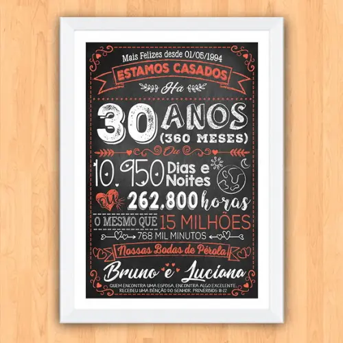 Quadro Poster Chalkboard Bodas 30 Anos Pérola A3 30x42cm